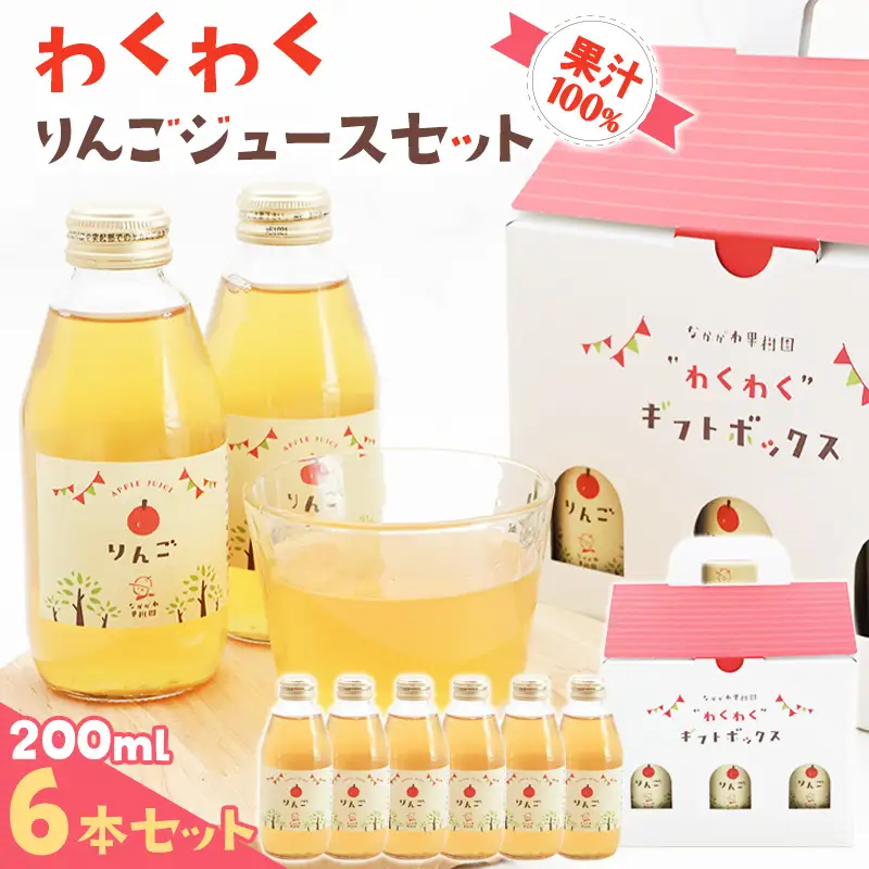 わくわくりんごジュース 200ml×6本 ギフトセット 果汁100％ りんご ジュース 山形 中川果樹園　014-G-NG013
