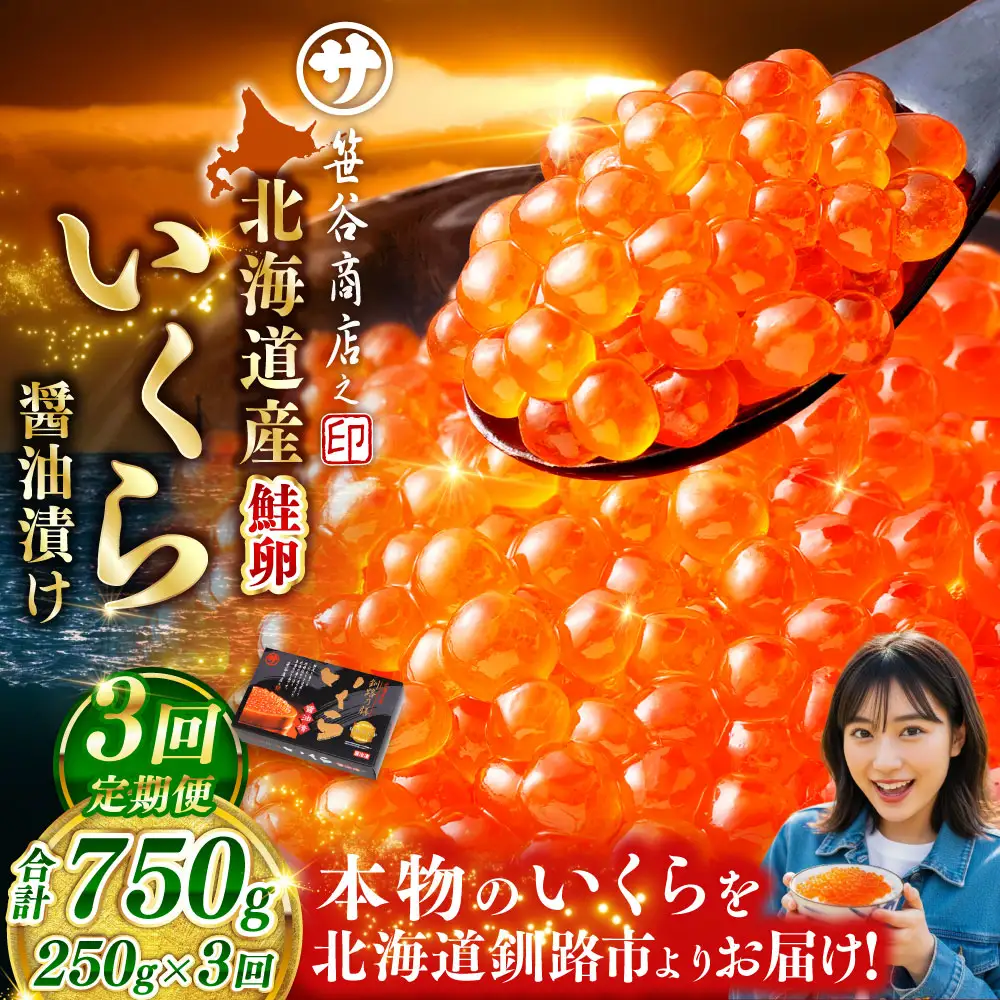 【3ヶ月定期便】  新物 北海道産いくらしょう油漬250g 笹谷商店 小分け パック 醤油漬け 海鮮 海鮮丼 イクラ丼 醤油たれ 冷凍 魚卵 魚介類 グルメ 北海道 釧路市