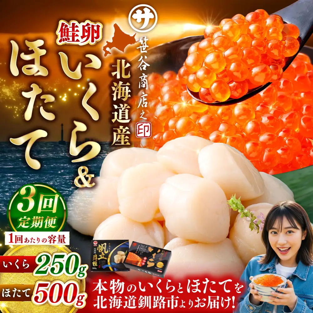 【3ヶ月定期便】 笹谷商店 新物 北海道産 いくら醤油漬け250g＆ほたて貝柱500g  お刺身 国産 イクラ イクラ醤油漬け 鮭いくら 鮭卵 ほたて貝柱 帆立 ホタテ ほたて 海鮮丼 詰め合わせ 海鮮 魚介 冷凍 グルメ 北海道 釧路市
