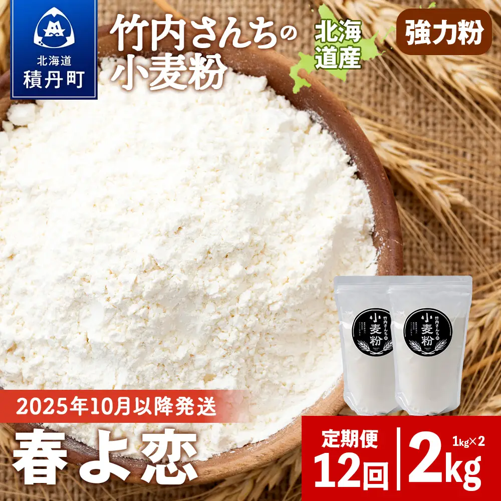 12ヵ月定期便 竹内さんちの小麦粉 強力粉【北海道 春よ恋  1kg×2袋 保存に便利なチャック付袋！】 小分け お菓子 パン