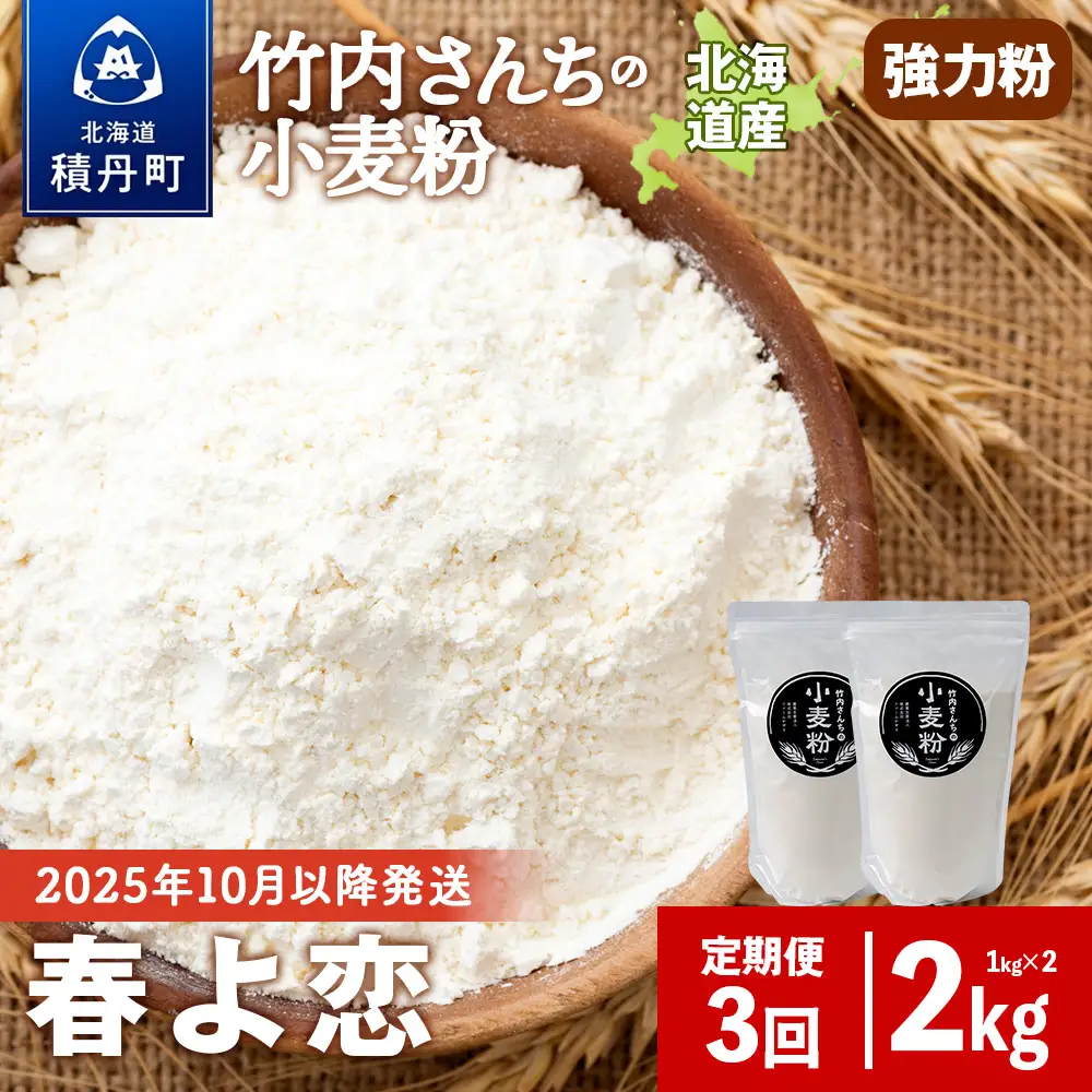 3ヵ月定期便 小麦粉 竹内さんちの小麦粉 強力粉 【北海道 春よ恋 1kg×2袋 保存に便利なチャック付袋！】 小分け お菓子 パン