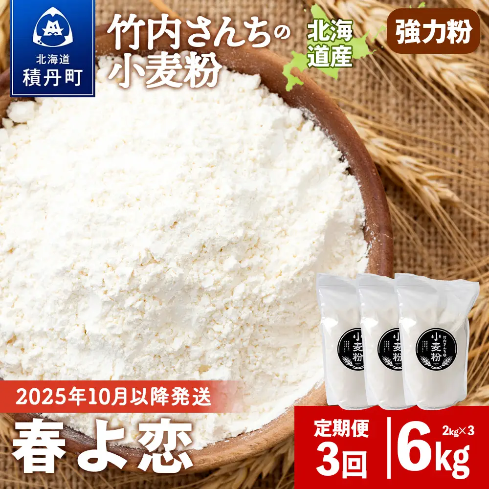 3ヵ月定期便 竹内さんちの小麦粉 強力粉【北海道 春よ恋  2kg×3 袋 保存に便利なチャック付袋！】 小分け お菓子 パン