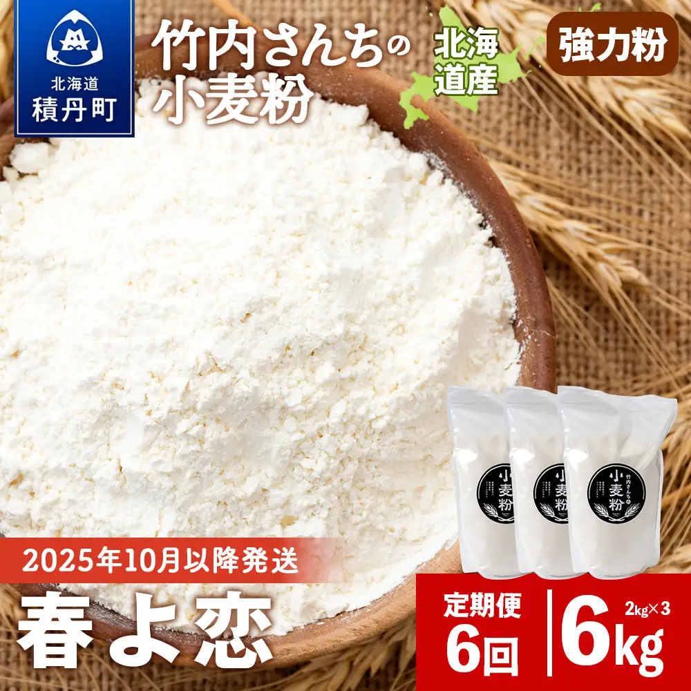 6ヵ月定期便  竹内さんちの小麦粉 強力粉【北海道 春よ恋  2kg×3 袋 保存に便利なチャック付袋！】 小分け お菓子 パン