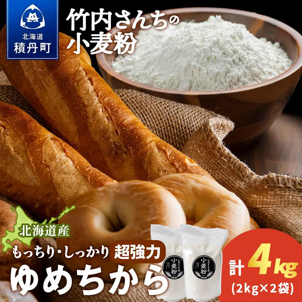 竹内さんちの小麦粉【北海道　ゆめちから（２kg×２袋）保存に便利なチャック付袋！】4kg  お菓子 パン