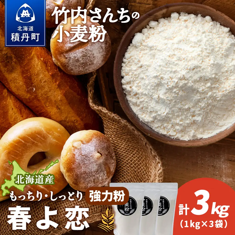 竹内さんちの小麦粉【北海道 春よ恋（１kg×３袋）便利な小分け袋でお届け】 小麦粉 1kg 3㎏ 春よ恋 小分け お菓子 パン