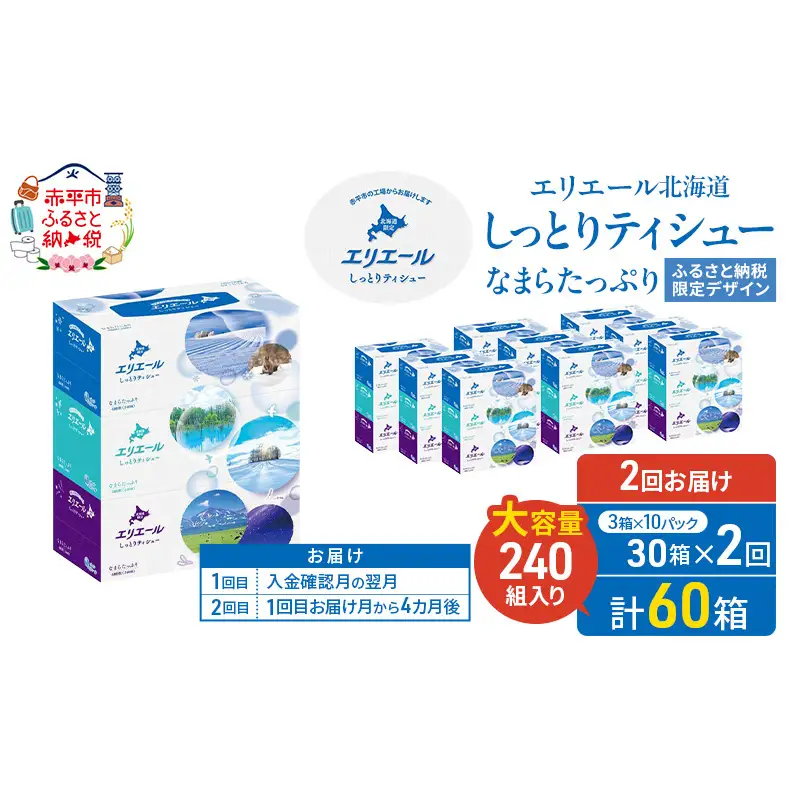 【2回お届け 計60箱】エリエール 北海道 しっとりティシュー なまらたっぷり 240組3箱 10パック ふるさと納税限定デザイン ボックスティシュー 箱ティッシュ ペーパー 備蓄品 花粉 保湿成分 グリセリン配合