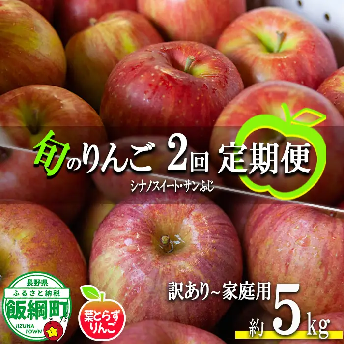 旬のりんご 【 定期便 】 家庭用 〜 訳あり 5kg × 2回 葉とらずりんご フレッシュフルーツミカズキ 沖縄県への配送不可 2026年10月中旬頃から2026年12月中旬頃までお申込み順に発送予定 令和8年度収穫分 リンゴ アップル シナノスイート サンフジ サンふじ 長野県 飯綱町 [2008]