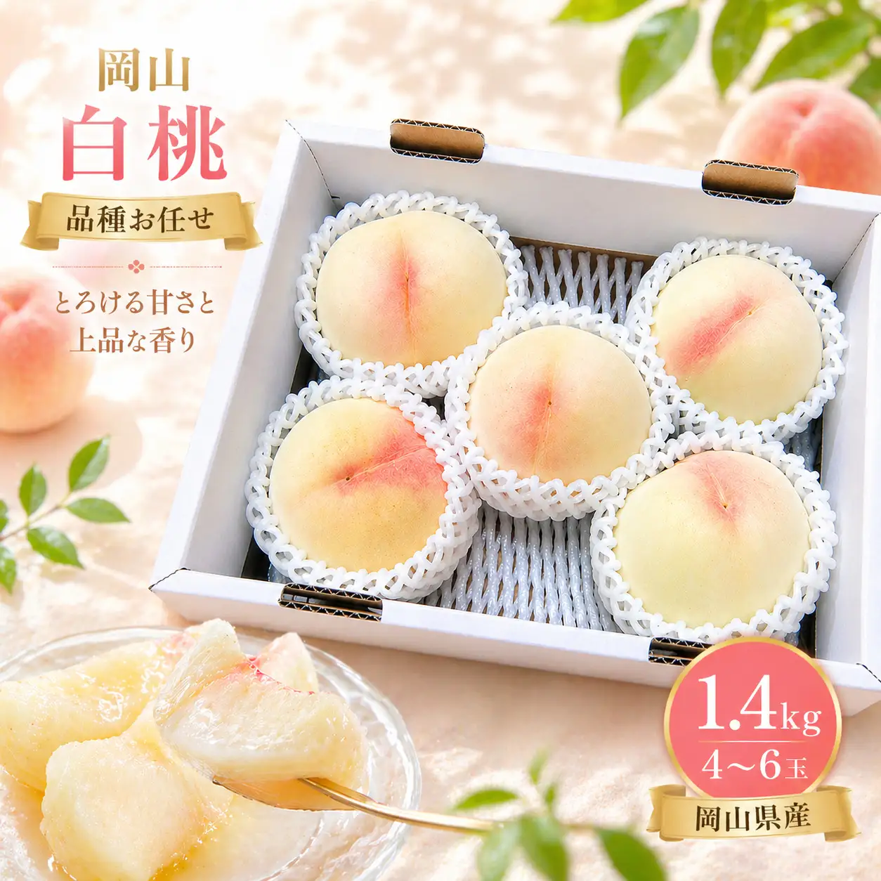 桃 完熟の岡山白桃 約1.4kg（4～6玉）ご家庭用 品種お任せ 【kbmm002】
