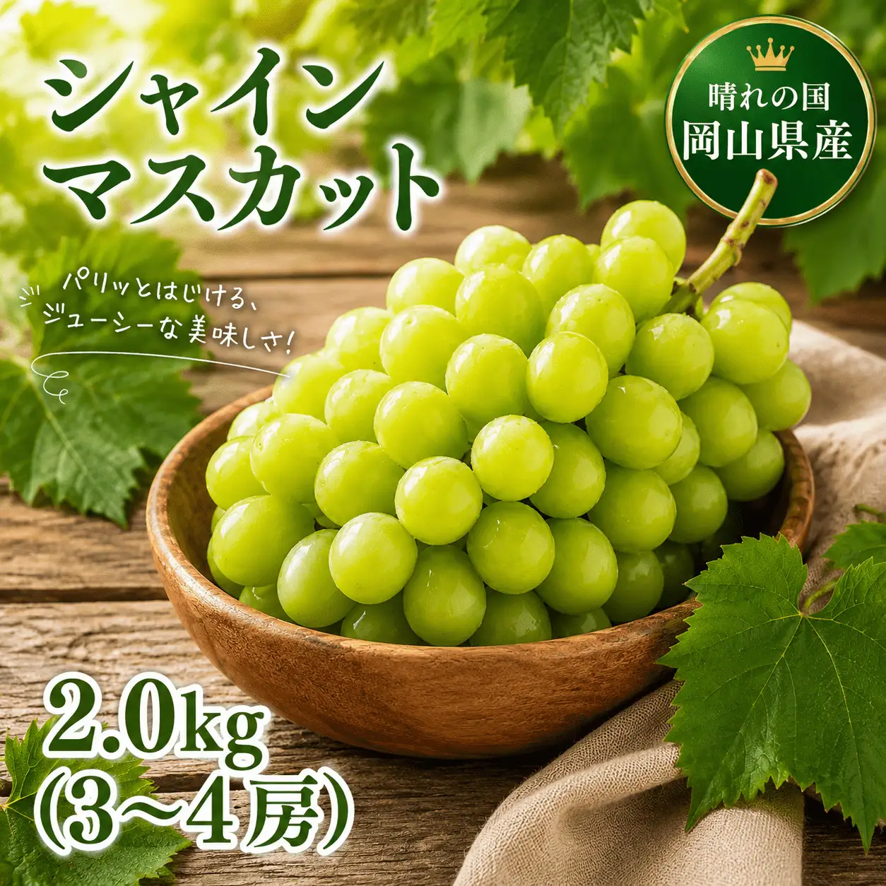 【2026年先行予約】晴れの国の完熟シャインマスカット「岡山シャマス」 2.0kg(3~4房) / 岡山県 ぶどう シャインマスカット 糖度 18度 【tppn005-01】