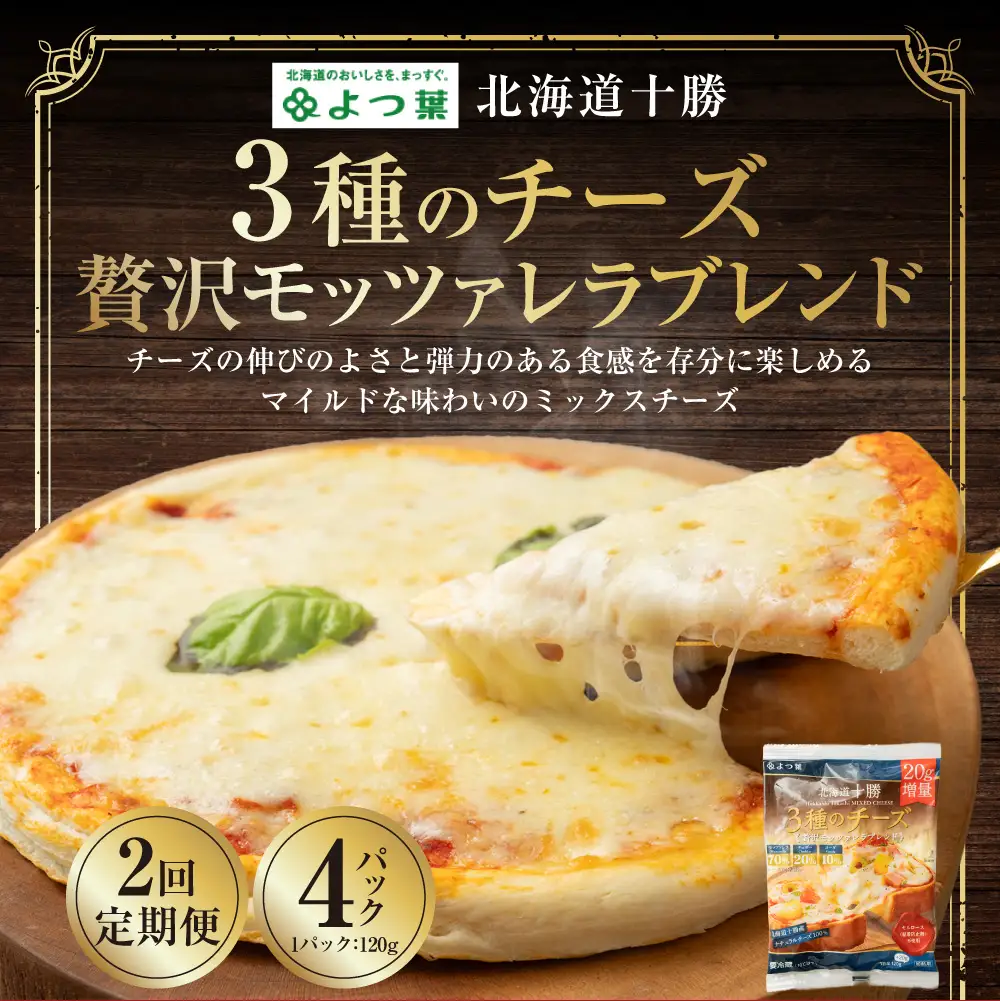 【2回定期便】よつ葉 北海道十勝 3種のチーズ 贅沢モッツァレラブレンド 120g×4パック 計480g 1ヶ月毎 2回 ナチュラルチーズ モッツァレラ チェダー ゴーダ [009-0196]