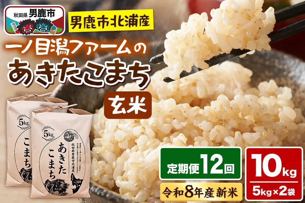 あきたこまち （玄米） 10kg（5kg×2袋） ＜令和8年産 新米受付＞ 【定期便12ヶ月】「秋田県男鹿市北浦産」 一ノ目潟ファーム 秋田県 男鹿市