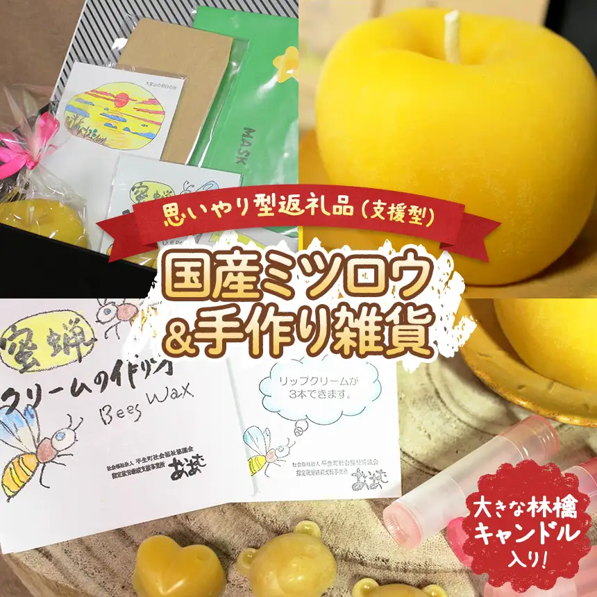 【 思いやり型返礼品 】 国産 ミツロウ 自然 の 恵み と 手仕事 から生まれた 大きな 林檎 キャンドル ＆ 手作り 雑貨 の ほっこり ギフト