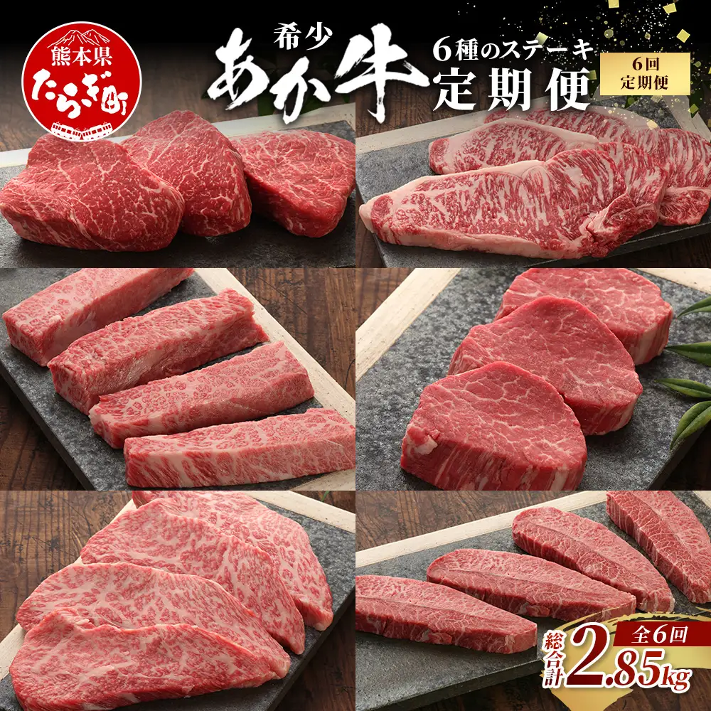 【定期便6回】あか牛希少6種のステーキ 定期便 サーロイン600g・ランプ450g・ヒレ360g・三角バラ480g・トモサンカク480g・ミスジ480g 牛肉 お肉 ステーキ あか牛 定期便 贅沢 熊本県 046-0805