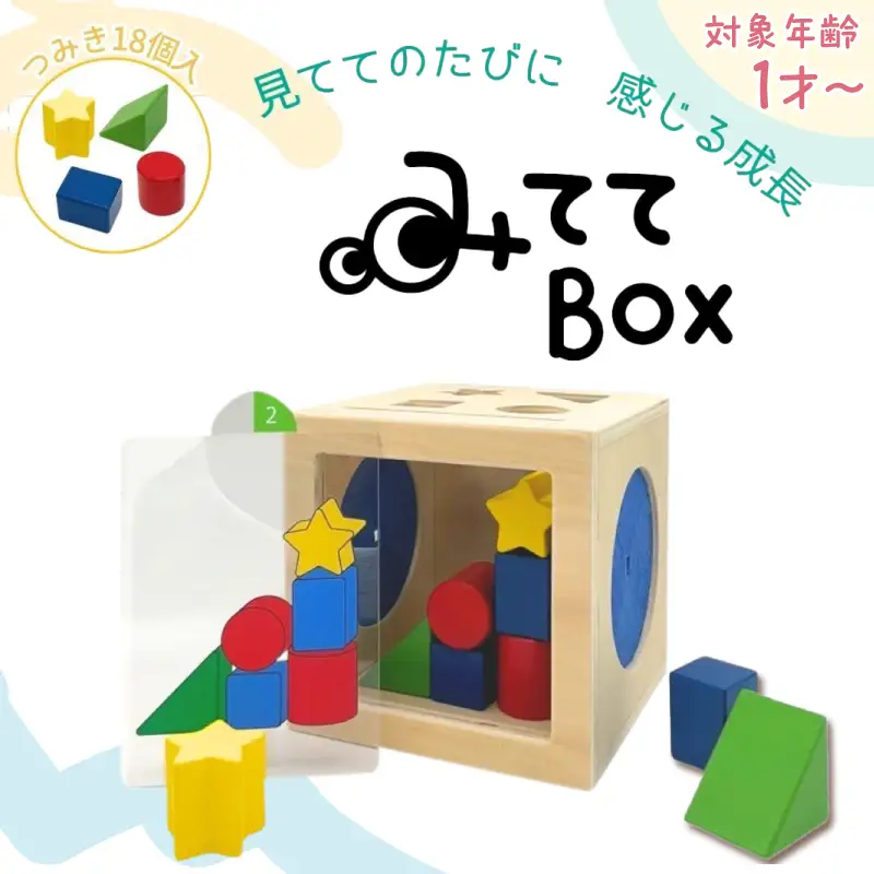 知育玩具 みててBOX 積み木 円柱 四角 三角 星 シート お手本シート 背景シート ボックス 木 ブラインドボックス 触覚 形当てる チャレンジカード 積み上げ 創造力 学び わくわく 愛知県 小牧市 送料無料 [150A07]