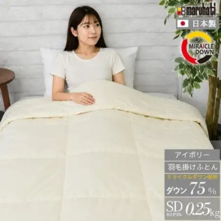 羽毛掛け布団 セミダブル 170×210cm 0.25kg リサイクル羽毛 75% アイボリー 無地【1739820】