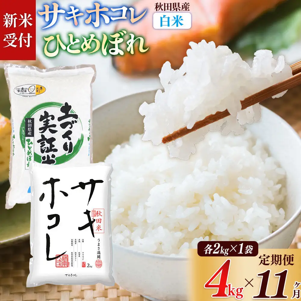 《令和8年産 新米受付》《定期便11ヶ月》【白米】サキホコレ2kg・土づくり実証米ひとめぼれ2kg (計4kg) ×11回 計44kg 精米 特A評価米 秋田県産