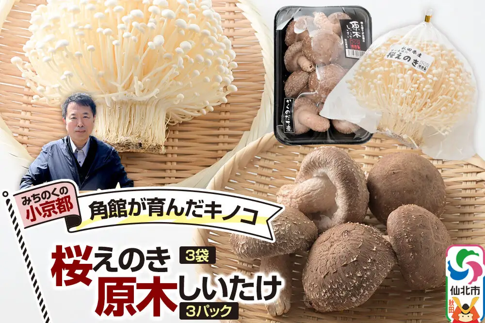みちのくの小京都・角館が育んだ「2種セット」（桜えのき約300g×3袋、原木しいたけ×3パック）きのこ2種
