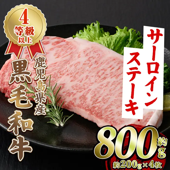 鹿児島県産 黒毛和牛 4等級以上 サーロイン ステーキ (約800g・約200g×4枚) 国産 牛肉 サーロイン ステーキ 4等級 バーベキュー BBQ おかず 冷凍 ステーキ肉 お肉 大判 個包装 【スターゼン】akn042-70