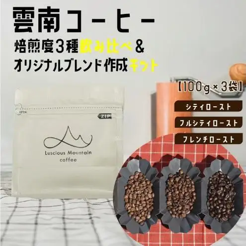 【100g×3袋】雲南コーヒー 焙煎度 3種 飲み比べ ＆ オリジナルブレンド作成キット コーヒー コーヒー豆 豆 珈琲 飲み物 飲料 飲み比べ 東京 豊島区
