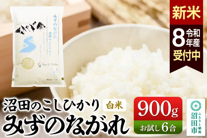 《令和8年産 新米予約》沼田のこしひかり「みずのながれ」お試し六合 900g 群馬県沼田市産 精米 白米 コシヒカリ