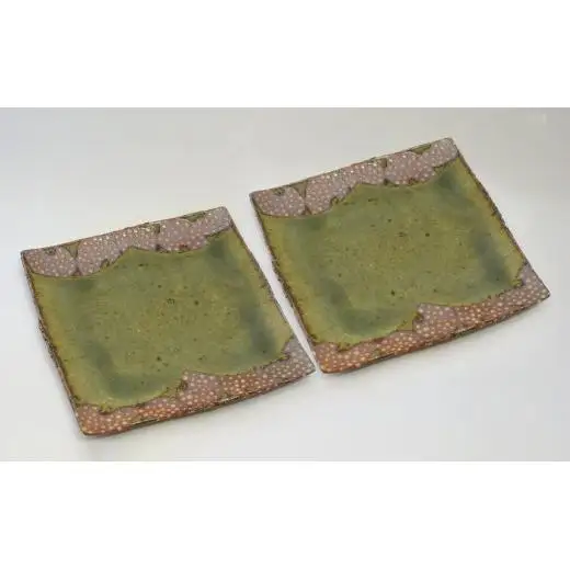 釉彩角皿 2枚セット ドット模様 和食器 お皿 陶芸品《受注制作》皿 中皿 正方形 和食器 おすすめ プレート パスタ皿 サラダ皿 食器 おしゃれ モダン 陶芸 陶器 陶芸作家