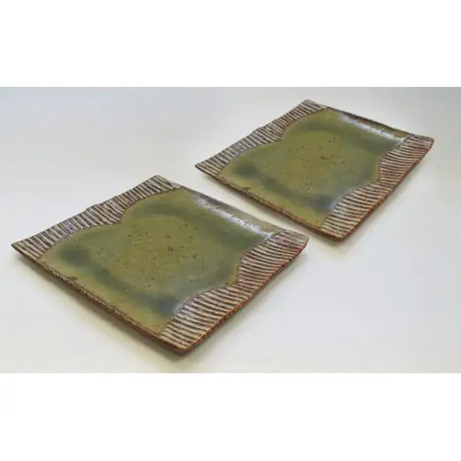 釉彩角皿 2枚セット ライン模様 和食器 お皿 陶芸品《受注制作》皿 中皿 正方形 和食器 おすすめ プレート パスタ皿 サラダ皿 食器 おしゃれ モダン 陶芸 陶器 陶芸作家