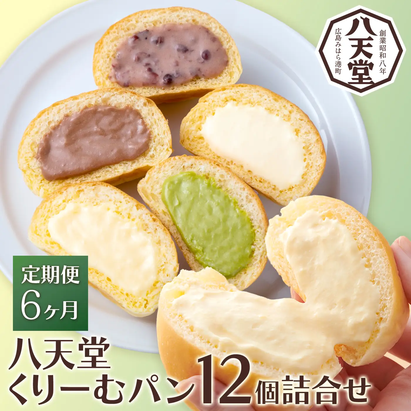 【6か月定期便】【八天堂】とろけるくりーむパン 12個詰合せ (全5種) 計6回お届け クリームパン 菓子パン スイーツ とろける食感 食べ比べ カスタード 生クリーム チョコレート 抹茶 冷凍 冷凍配送 ギフト 子どもが喜ぶ 人気 詰め合わせ 菓子 ランキング 高評価 広島県三原市 015066