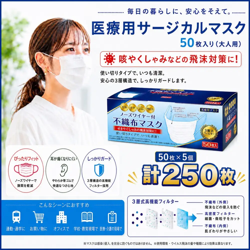 不織マスク５０枚大人用（サージカルマスク）5個