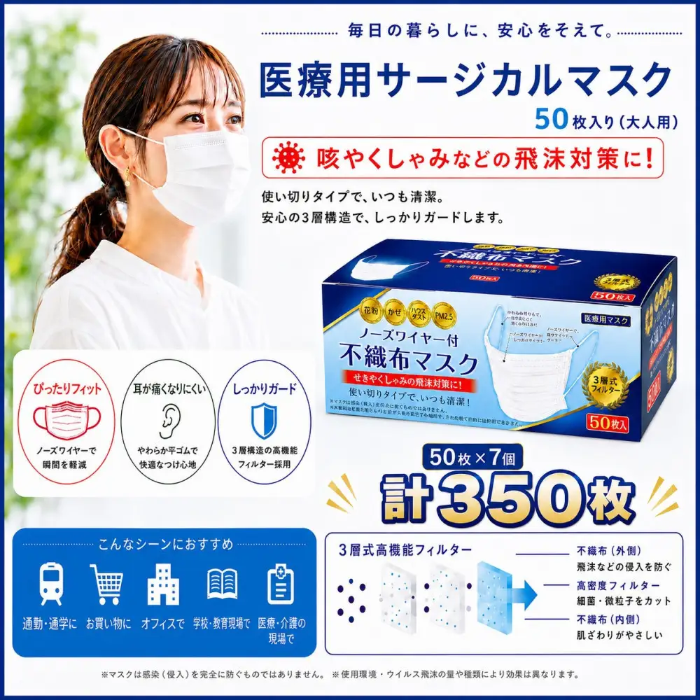 不織マスク５０枚大人用（サージカルマスク）7個