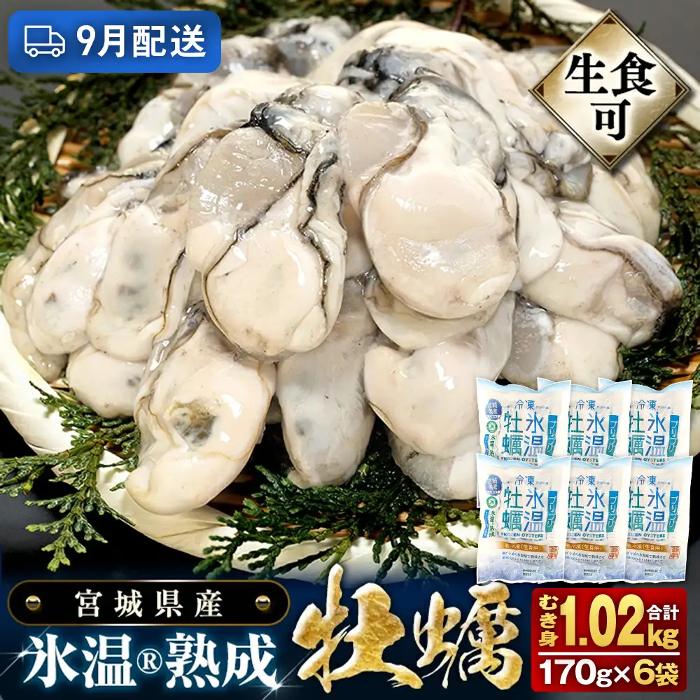 【9月配送】牡蠣 生食用 170g×6袋 (約1kg) 牡蠣むき身 氷温熟成 冷凍 まるたか水産
