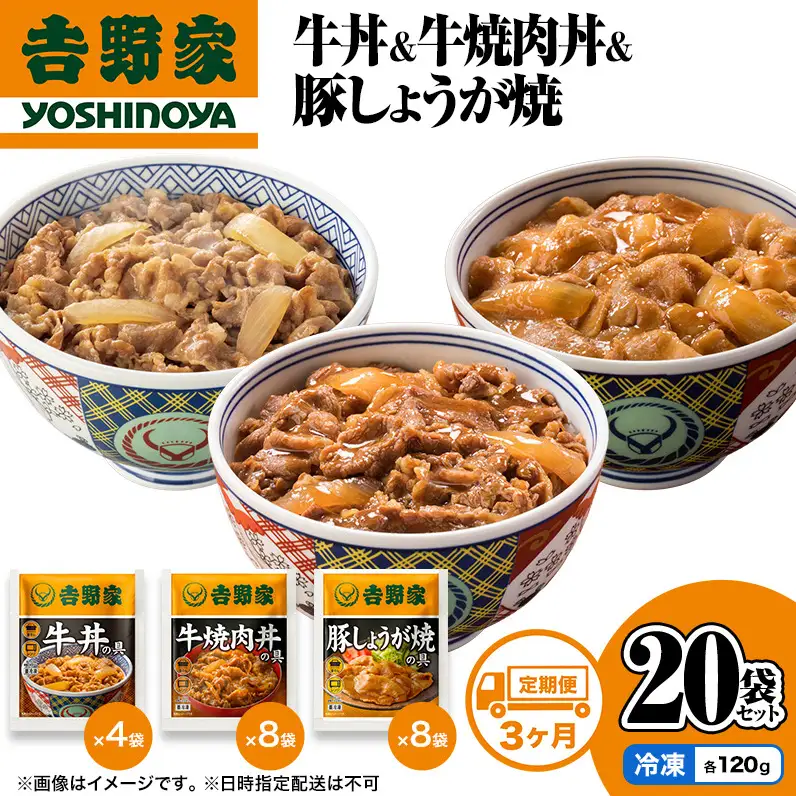 吉野家 定期便 3か月 牛丼&牛焼肉丼&豚しょうが焼 計20袋 吉野家