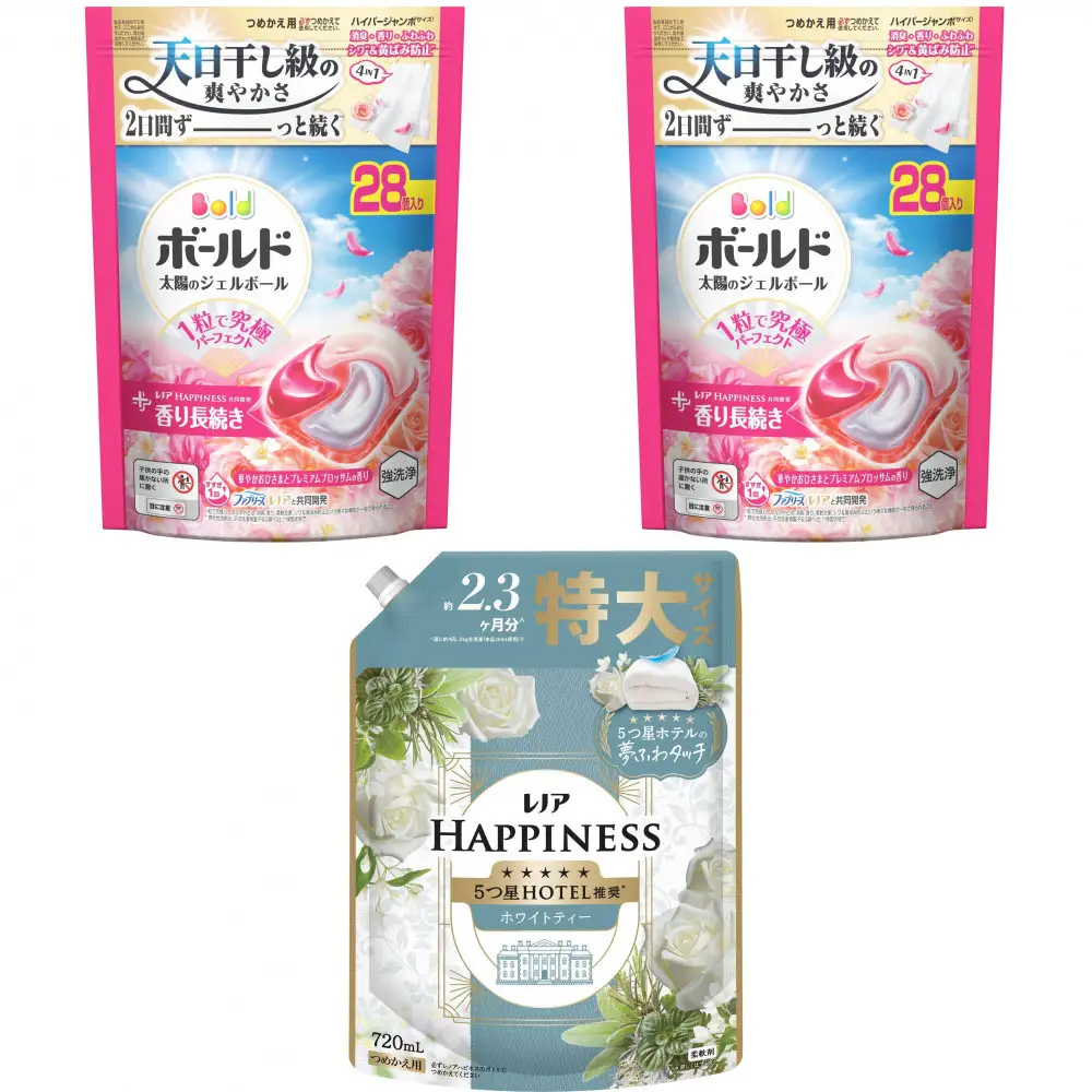 ボールド ジェルボール 4D華やかおひさまとブロッサムの香り詰替用×2袋 & レノア ハピネス ホワイトティー 詰替用×1