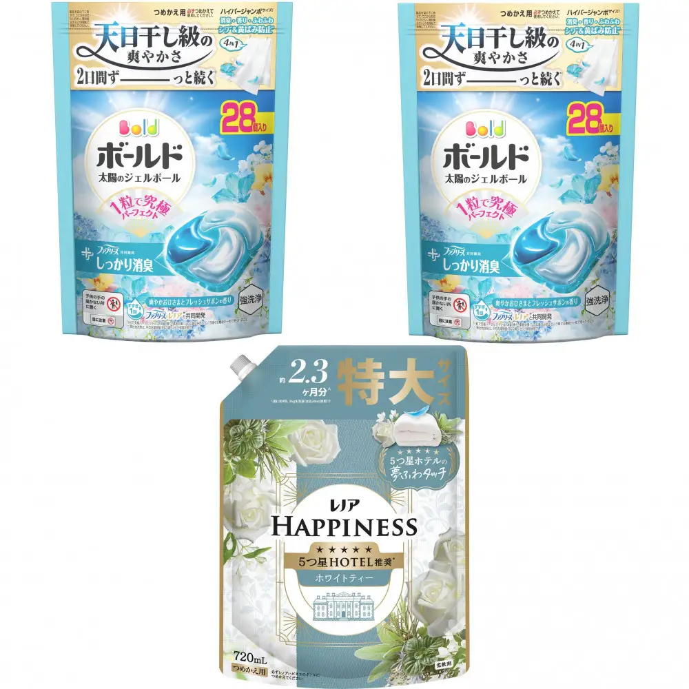 ボールド ジェルボール 4D爽やかおひさまとフレッシュサボンの香り詰替用×2 袋 & レノア ホワイトティー
