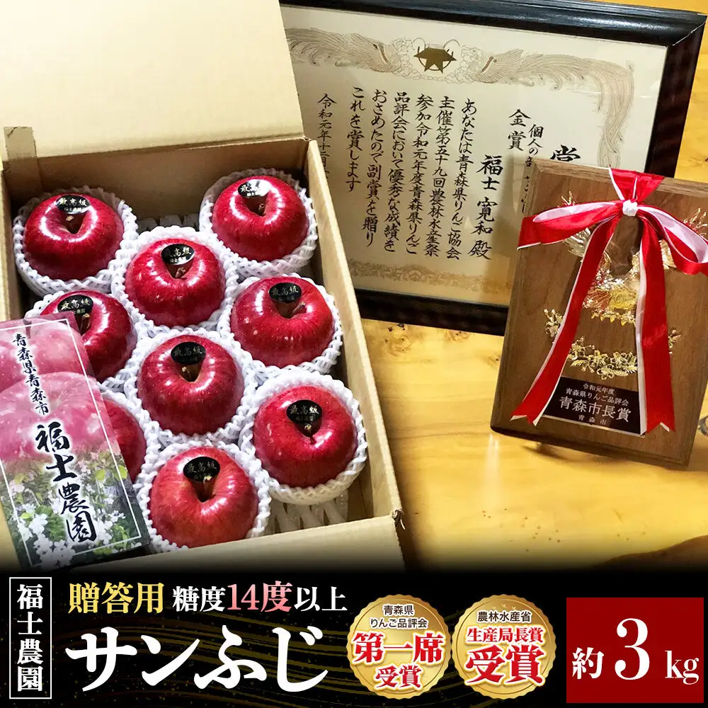 【26年11月～発送】りんご サンふじ【贈答用・特選】約3kg【りんご品評会最高賞】糖度14度以上保証 青森県 弘前市