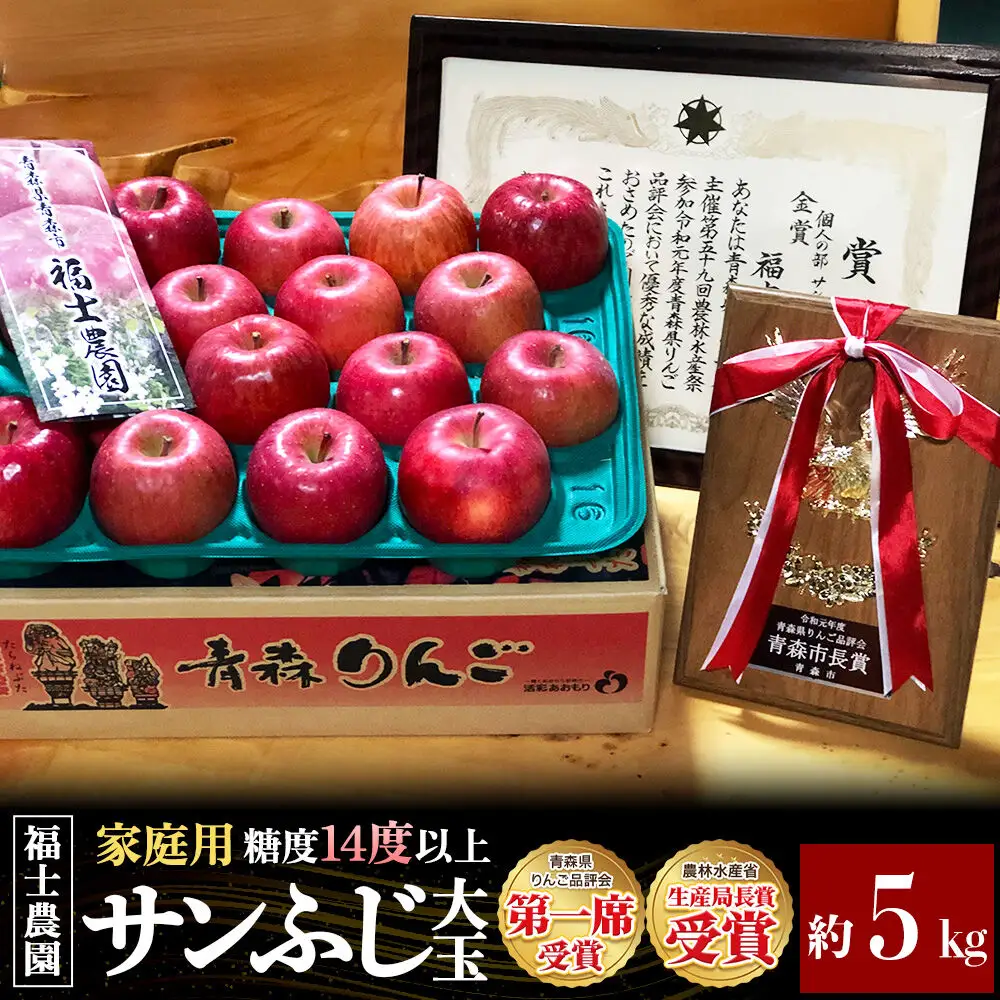【26年11月～発送】りんご サンふじ【家庭用】大玉 約5kg【りんご品評会最高賞】糖度14度以上保証 青森県 弘前市