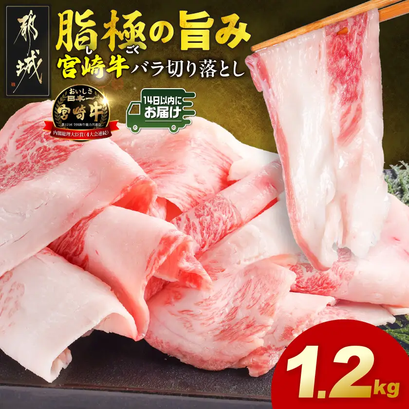 宮崎牛バラ切り落とし1.2kg≪みやこんじょ快急便≫〔12-N2-019-1200g-R〕_(都城市) 宮崎牛 牛肉 宮崎県産 国産 黒毛和牛 バラ肉 バラ きりおとし 300g 小分けパック 煮込み 炒め物 牛丼 カレー 肉じゃが 肉豆腐高級 とろける ミヤチク 14日以内お届け