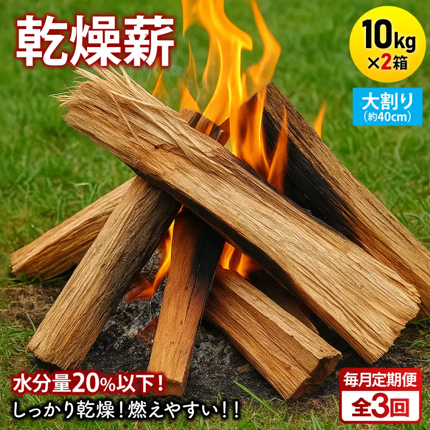 【毎月定期便】乾燥薪 キャンプ用 10kg×2箱 大割(約40cm) 広葉樹ミックス全3回【4087746】