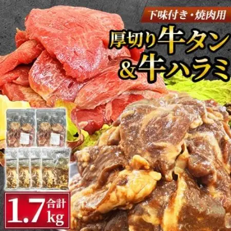 【福岡県水巻町よりお届け】厚切牛タン250g×2＆味付き牛ハラミ300g×4セット 下味付き 焼肉用【配送不可地域：離島】【1725696】
