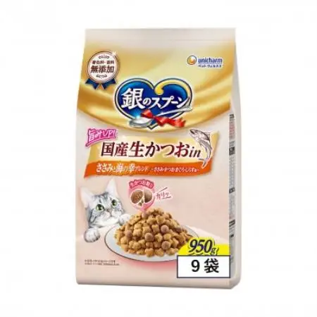 ユニ・チャーム 銀のスプーン 国産生かつおin 鶏ささみと海の幸ブレンド 950g×9袋【1744417】