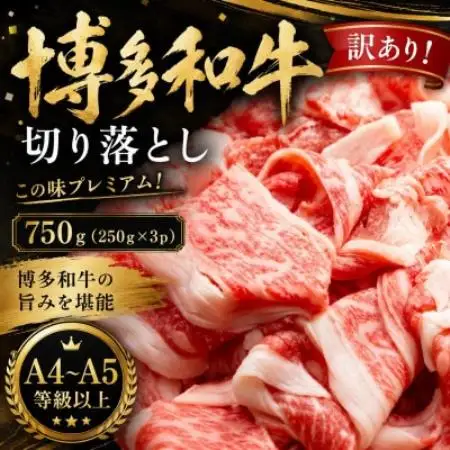 訳あり!【A4～A5】この味プレミアム!博多和牛切り落とし 750g(250g×3p)(大牟田市)【配送不可地域：離島】【1744131】