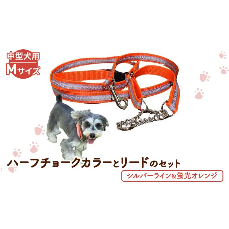 【中型犬用・Mサイズ】 ハーフチョークカラーとリードのセット（シルバーライン&蛍光オレンジ） ペット用品 首輪 リード 中型犬 日本製 ペット 犬 ワンちゃん 静岡 浜松市