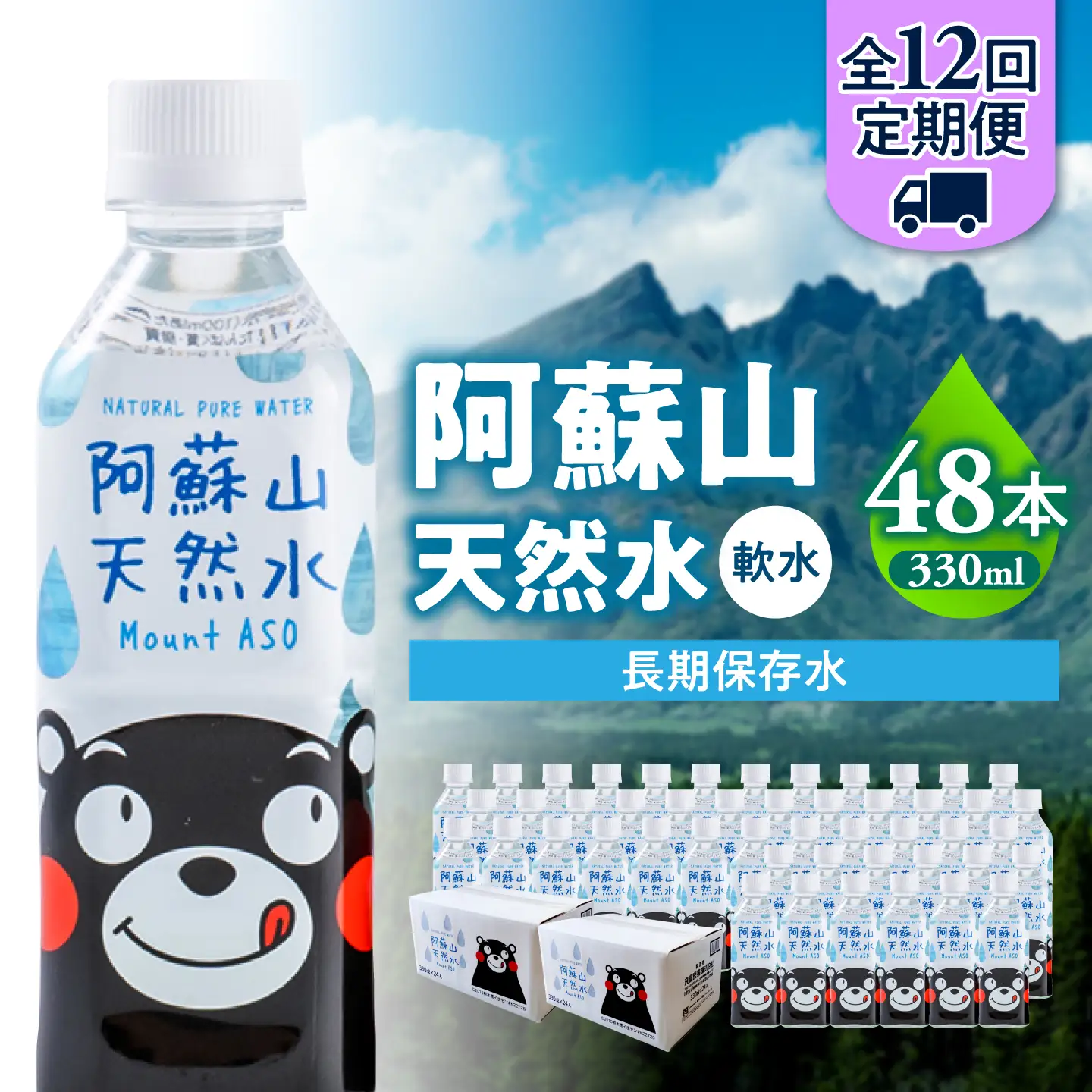 【全12回定期便】熊本 阿蘇山天然水 330ml × 24本 2ケース（計48本） 天然水 水 ミネラルウォーター 保存 2年 【丸富産業株式会社】[AYDB022]
