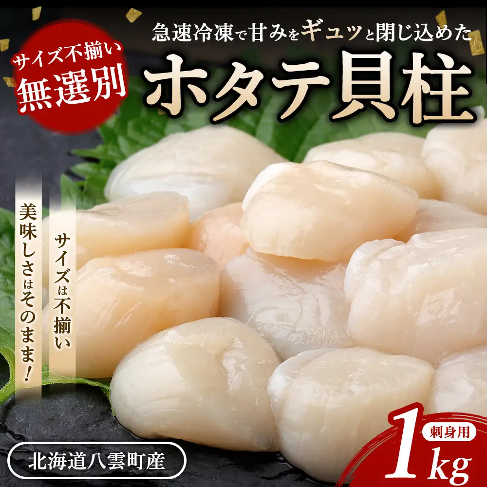 北海道 玉冷 ホタテ貝柱 刺身用 1kg サイズ不揃い 無選別 ｜ 帆立 ほたて 冷凍 海鮮 魚介 人気 北海道産 魚介類 帆立貝柱 ほたて貝柱 小粒 魚貝類 hotate 刺身 海鮮丼 海産物 おかず 訳あり おつまみ バーベキュー グルメ 八雲町