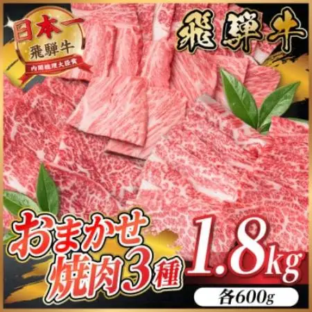 飛騨牛　おまかせ焼肉3種セット約1.8kg(各約600g)訳あり　BBQ　上カルビ・ロースなど【配送不可地域：離島】【1739044】