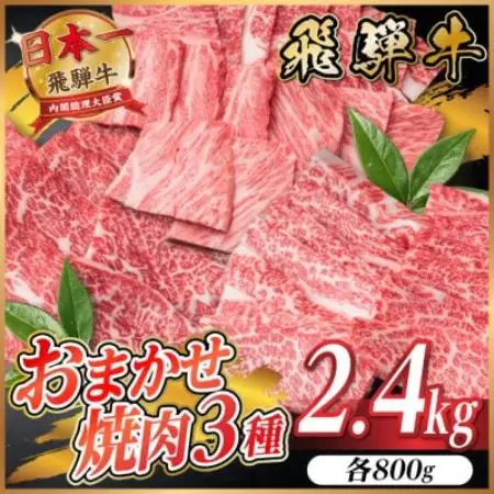 飛騨牛　おまかせ焼肉3種セット約2.4kg(各約800g)訳あり　BBQ　上カルビ・ロースなど【配送不可地域：離島】【1739045】