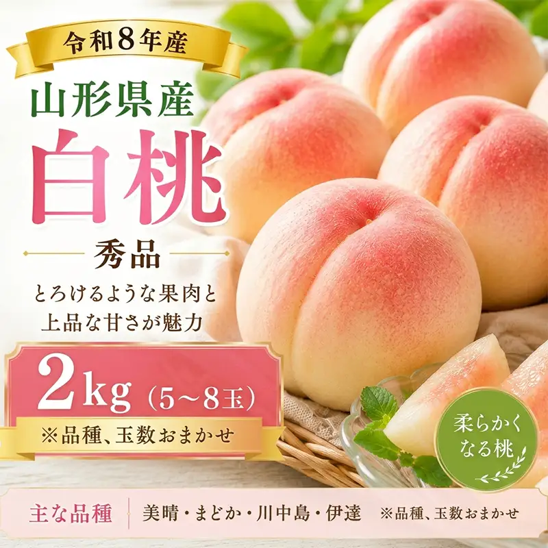 山形産 白桃 秀品 2kg(5～8玉)柔らかくなる桃 FY26-169