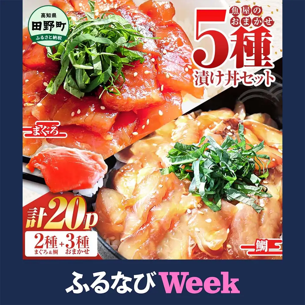 【ふるなびWEEK対象】これが魚屋の漬け丼だ！魚屋のおまかせ5種漬け丼セット(マグロ＋鯛＋おまかせ3種) 5種×4P 合計20パック 各80g 鮪 鯛 詰め合わせ 漬け丼 漬け どんぶり 丼 20パック 海鮮 魚 真空パック 個食 個包装 冷凍 FN-Limited-WE