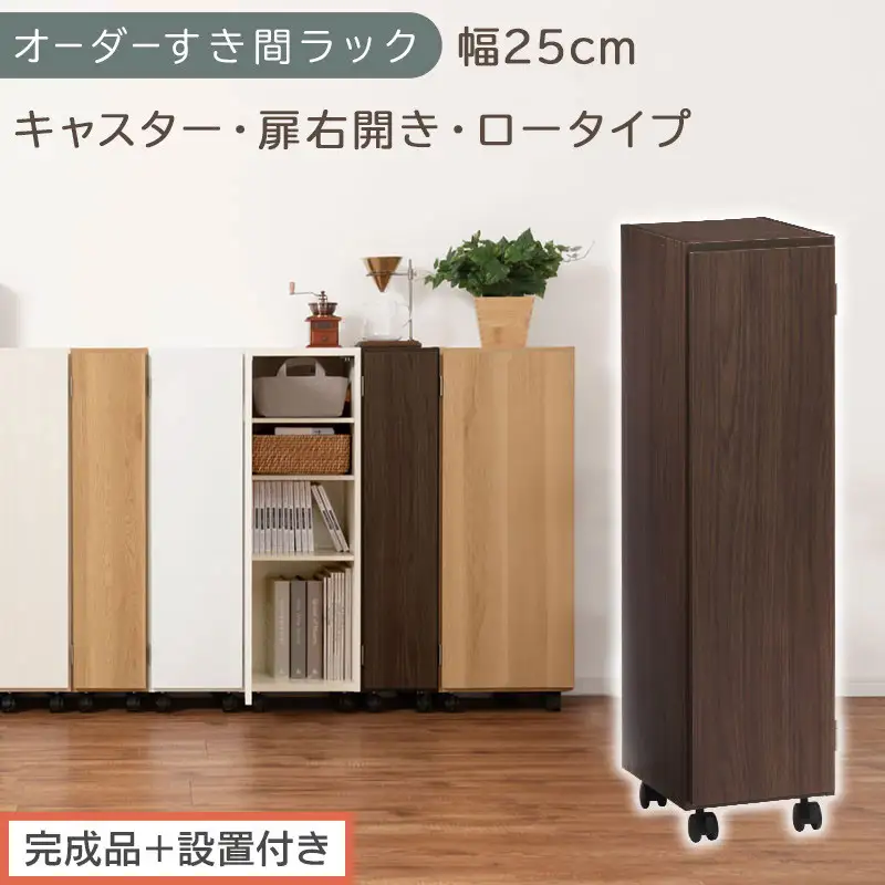 【完成品＋設置付き】オーダーすき間ラック〔幅25cm・キャスター・扉右開き・ロータイプ〕（ウォールナット）すき間ラック 収納棚 約 奥行32 高さ96 扉付き キャスター付き スリム ロータイプ AKONBE400108-25R-WAL