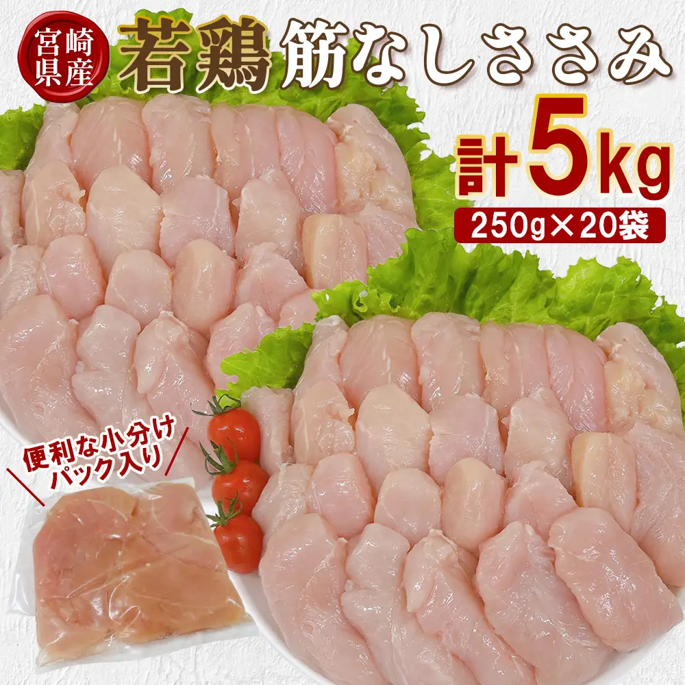 宮崎県産 若鶏筋なしささみ 5kgセット (250g×20袋) 鶏肉 ささみ 鶏ささみ 小分け 真空パック タンパク質 チキン冷凍 国産 宮崎県産 九州 送料無料