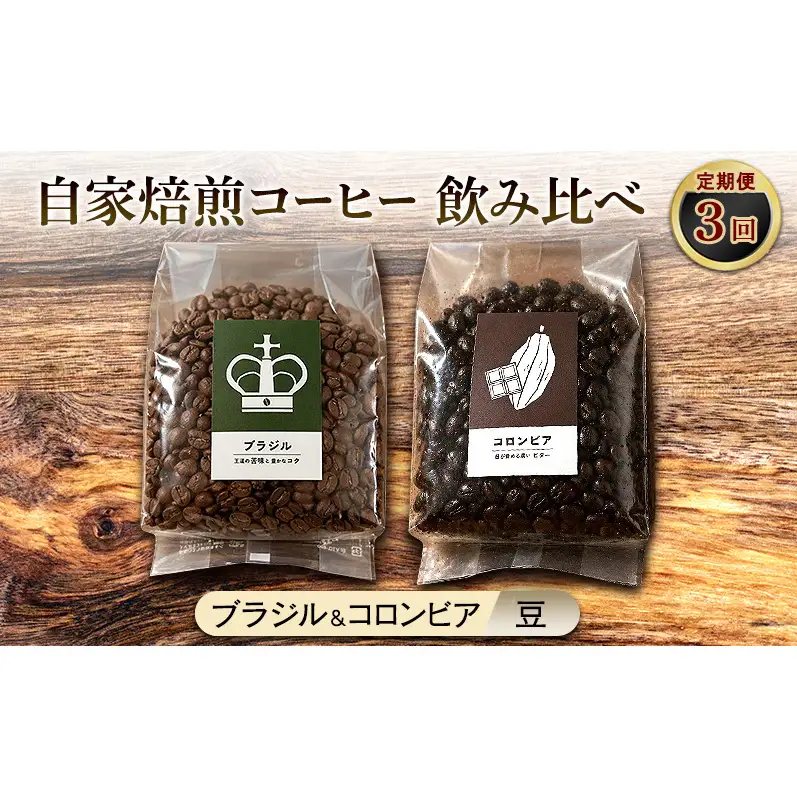 【厳選2種の3ヶ月定期便】ビター飲み比べセット・自家焙煎コーヒー（豆）(ブラジル250g、コロンビア239g) 珈琲